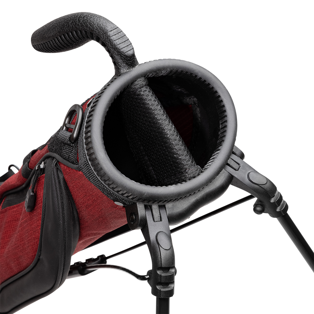A close up top view of a ron burgundy Loma golf bag’s 2-way divider