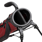 A close up top view of a ron burgundy Loma golf bag’s 2-way divider