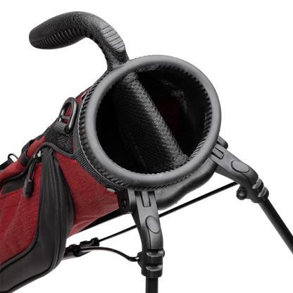 A close up top view of a ron burgundy Loma golf bag’s 2-way divider