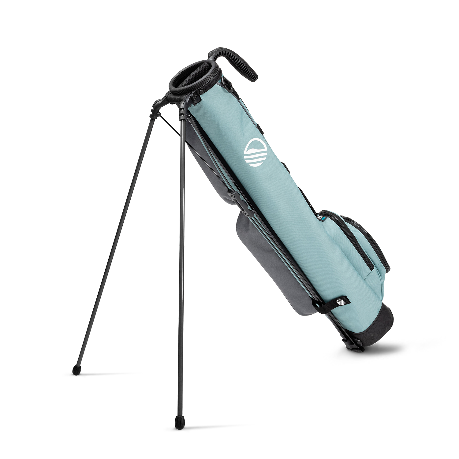 A full shot of standing Loma golf bag in seafoam facing backward