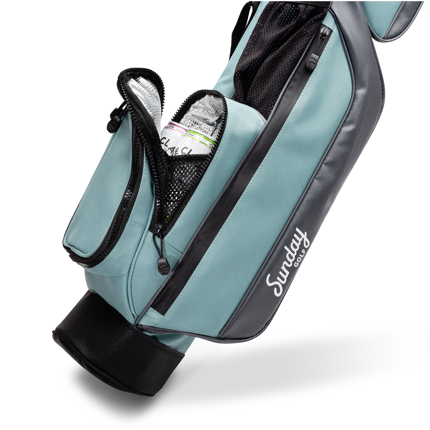 A close up shot of seafoam Loma golf bag's insulated pocket with canned drinks inside