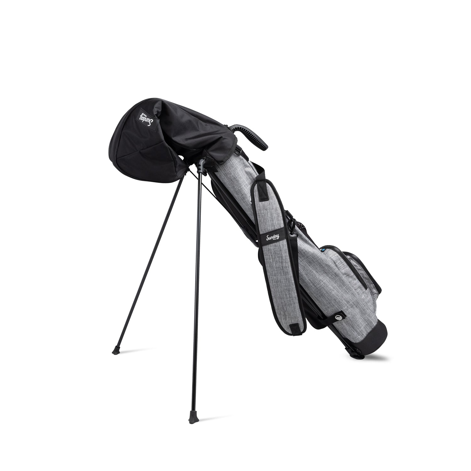 Unfolding matte black rain hood on a heather gray Loma golf bag