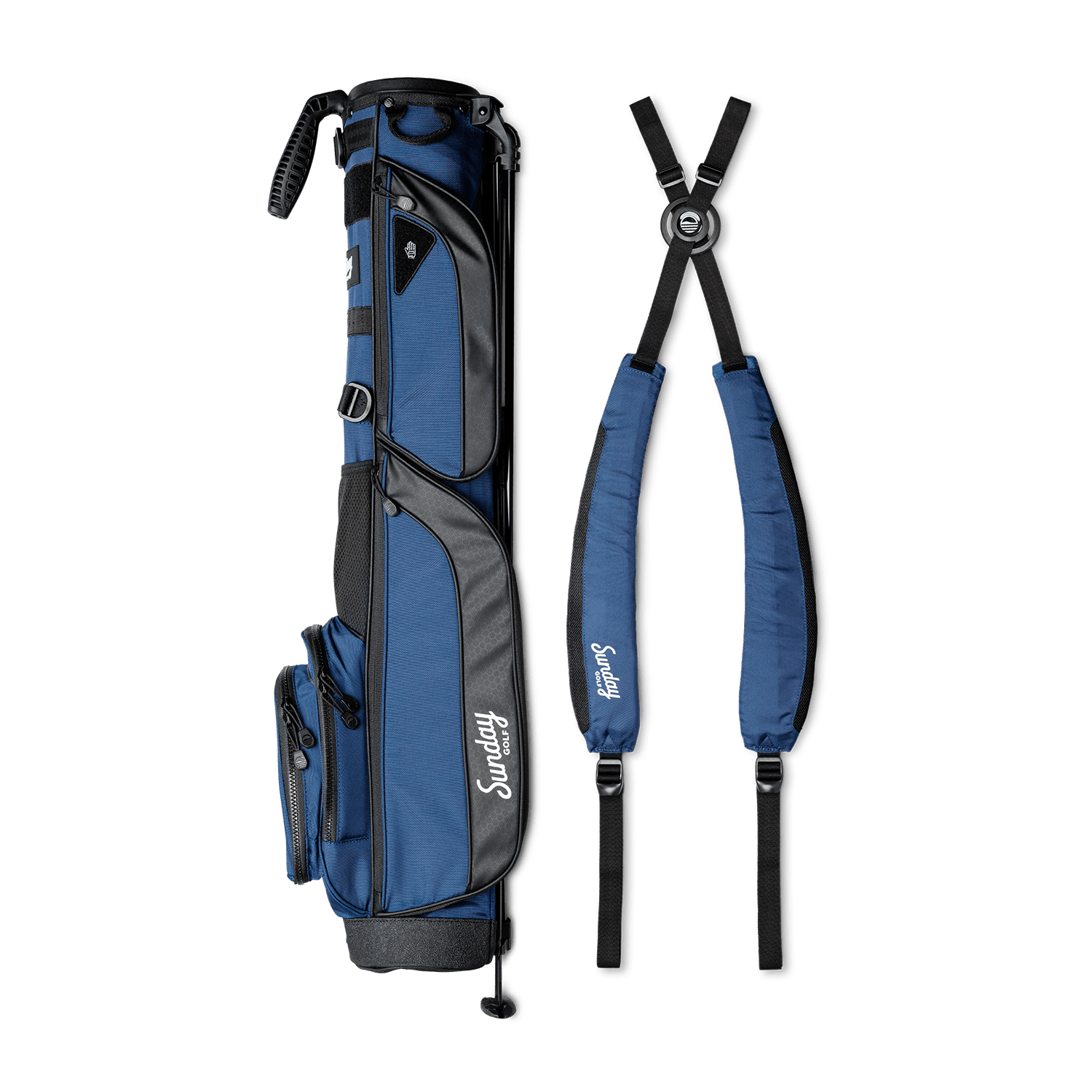 A full shot of Loma XL golf bag in cobalt blue laying flat sideways beside its double strap