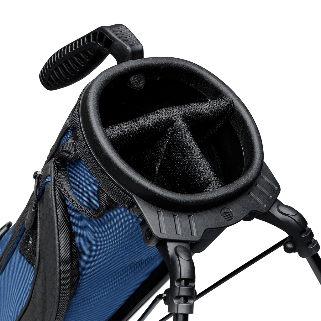 A close up top view of a cobalt blue Loma XL golf bag's 3-way divider