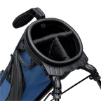 A close up top view of a cobalt blue Loma XL golf bag's 3-way divider