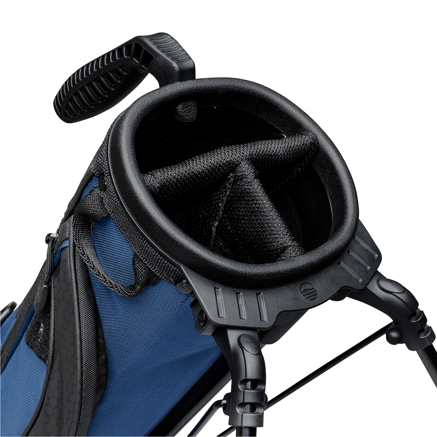 A close up top view of a cobalt blue Loma XL golf bag's 3-way divider