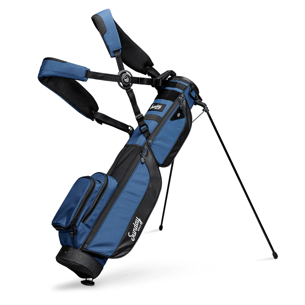 A full front shot of standing Loma XL golf bag in cobalt blue with double strap