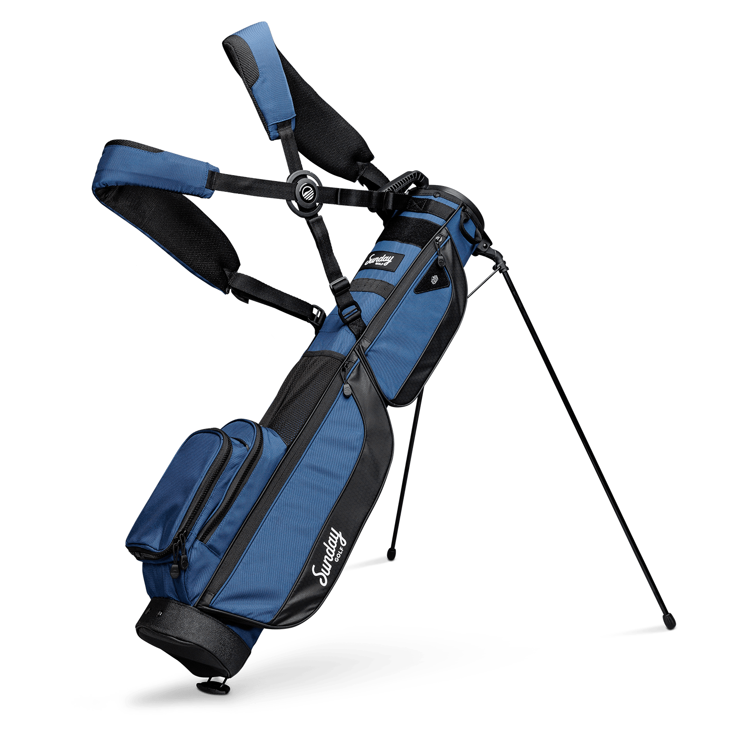 A full front shot of standing Loma XL golf bag in cobalt blue with double strap