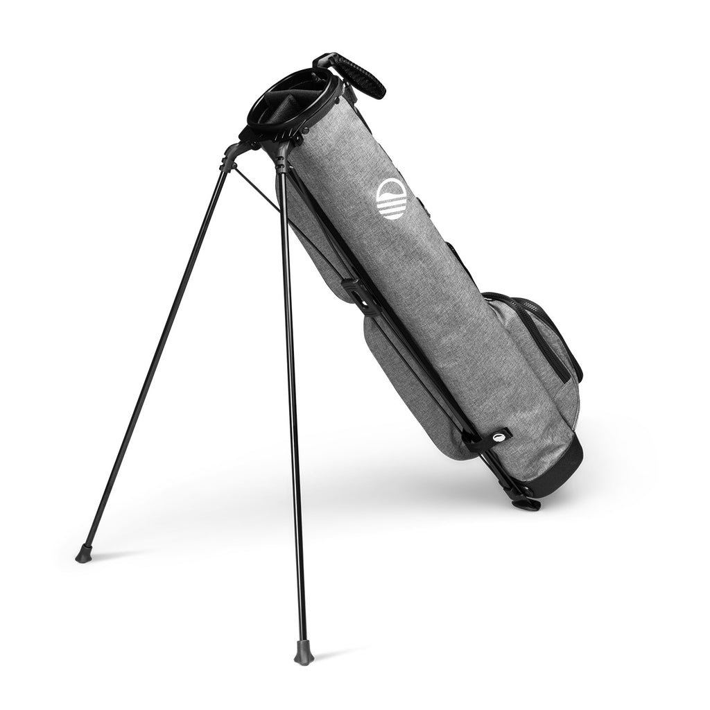 A full shot of standing Loma XL golf bag in heather gray facing backward
