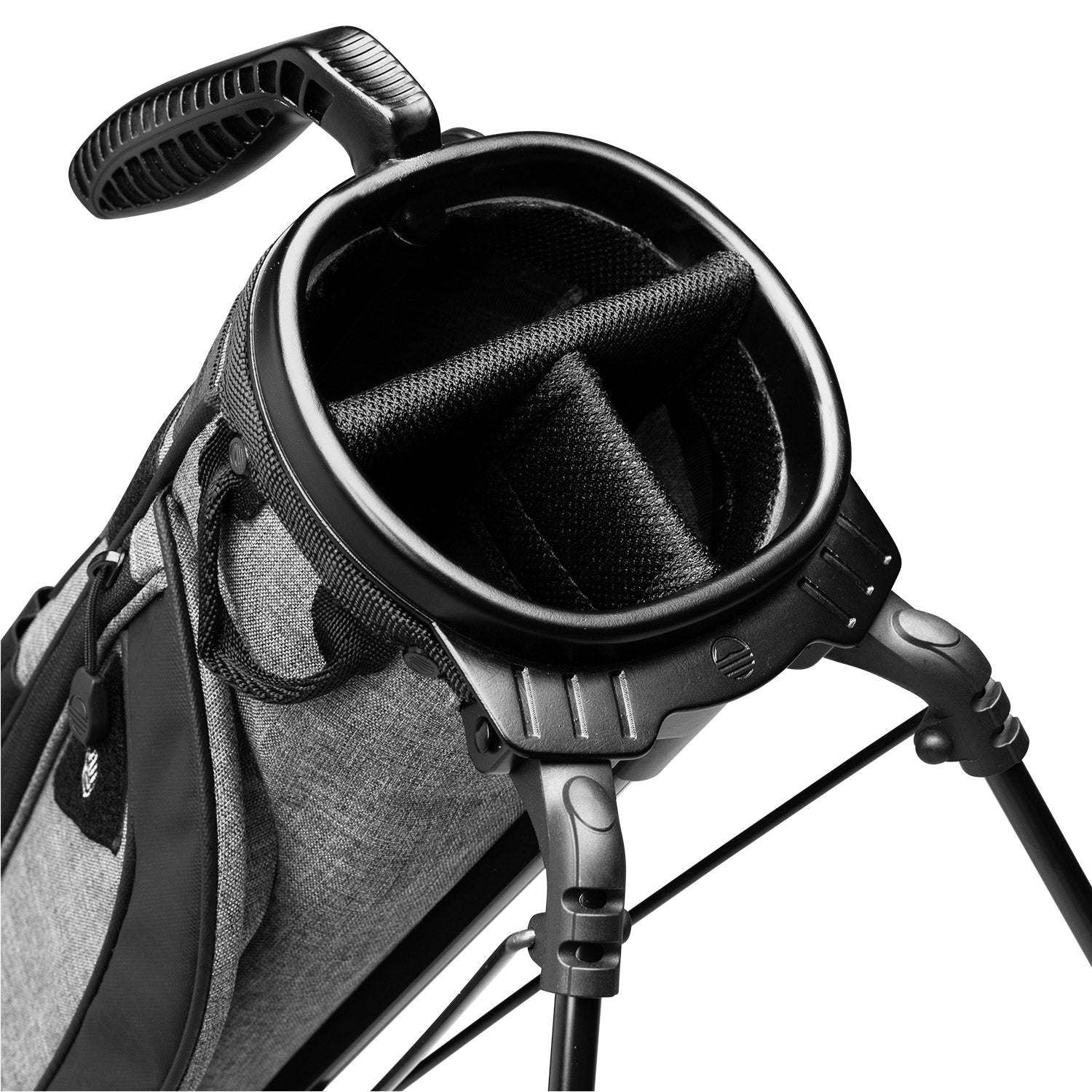 A close up top view of a heather gray Loma XL golf bag's 3-way divider