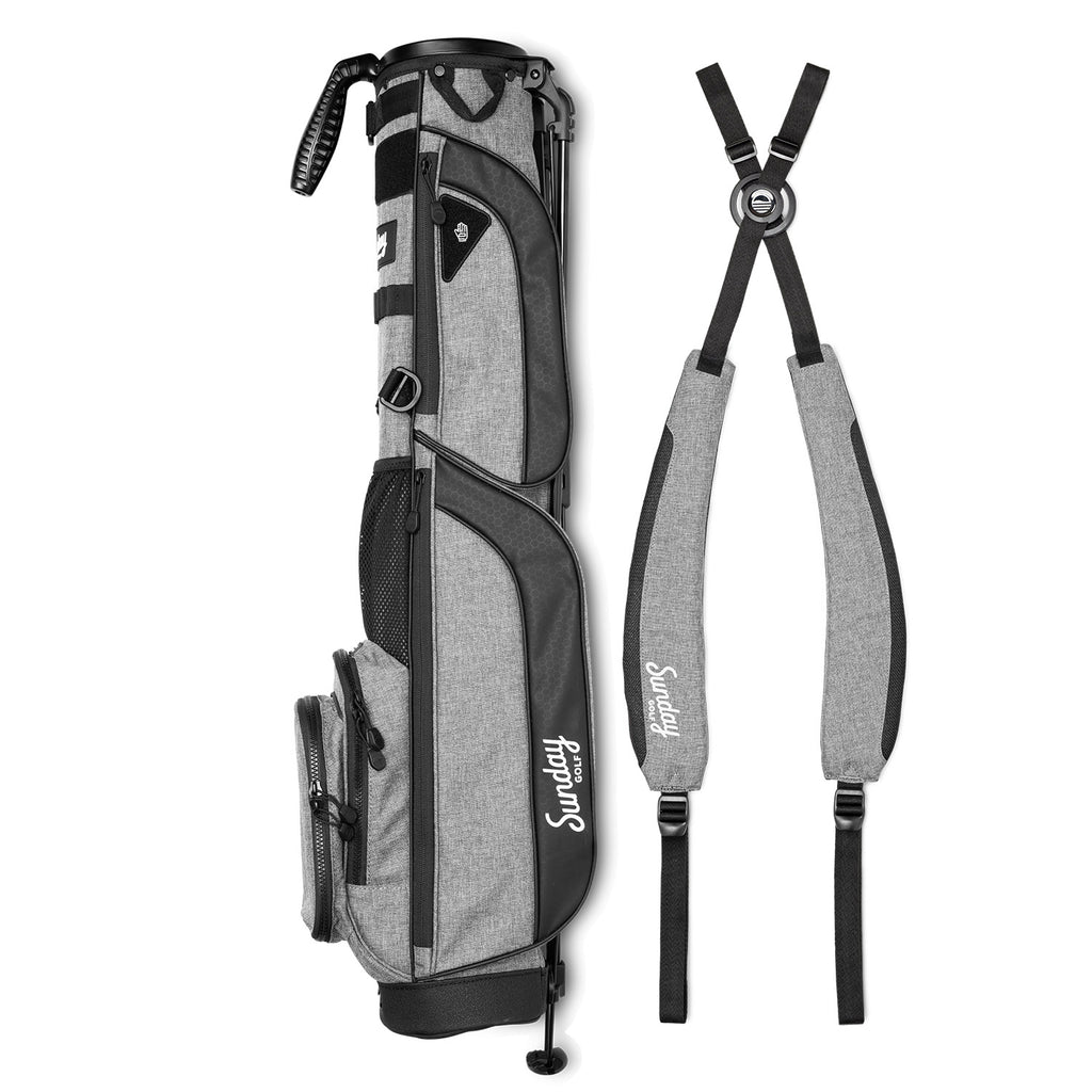 A full shot of Loma XL golf bag in heather gray laying flat sideways beside its double strap