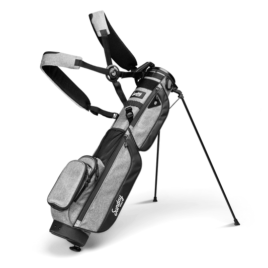 A full front shot of standing Loma XL golf bag in heather gray with double strap