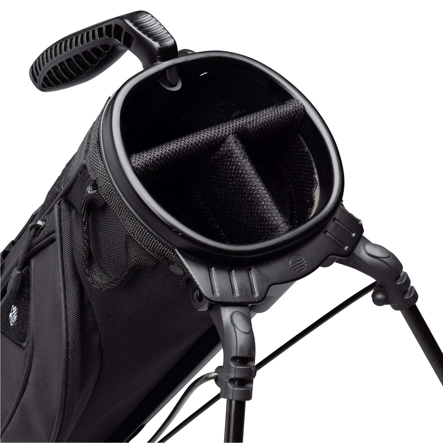 A close up top view of a matte black Loma XL golf bag's 3-way divider