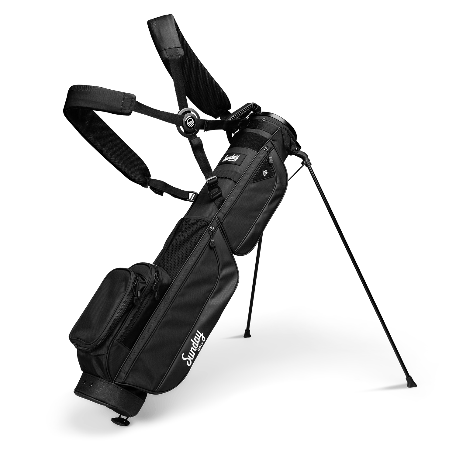 A full front shot of standing Loma XL golf bag in matte blackl with double strap