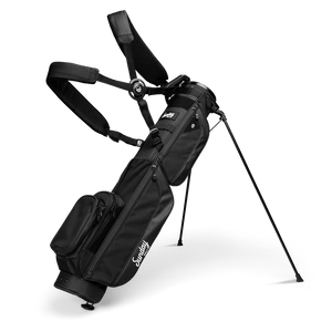 A full front shot of standing Loma XL golf bag in matte blackl with double strap