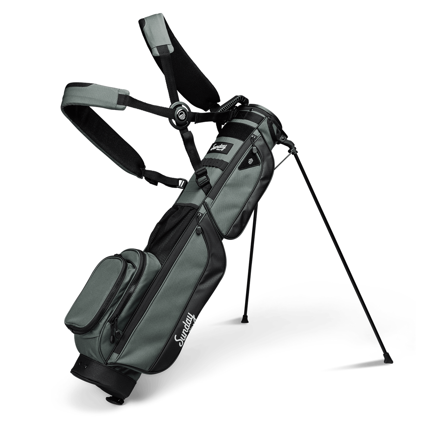 A full front shot of standing Loma XL golf bag in midnight green with double strap