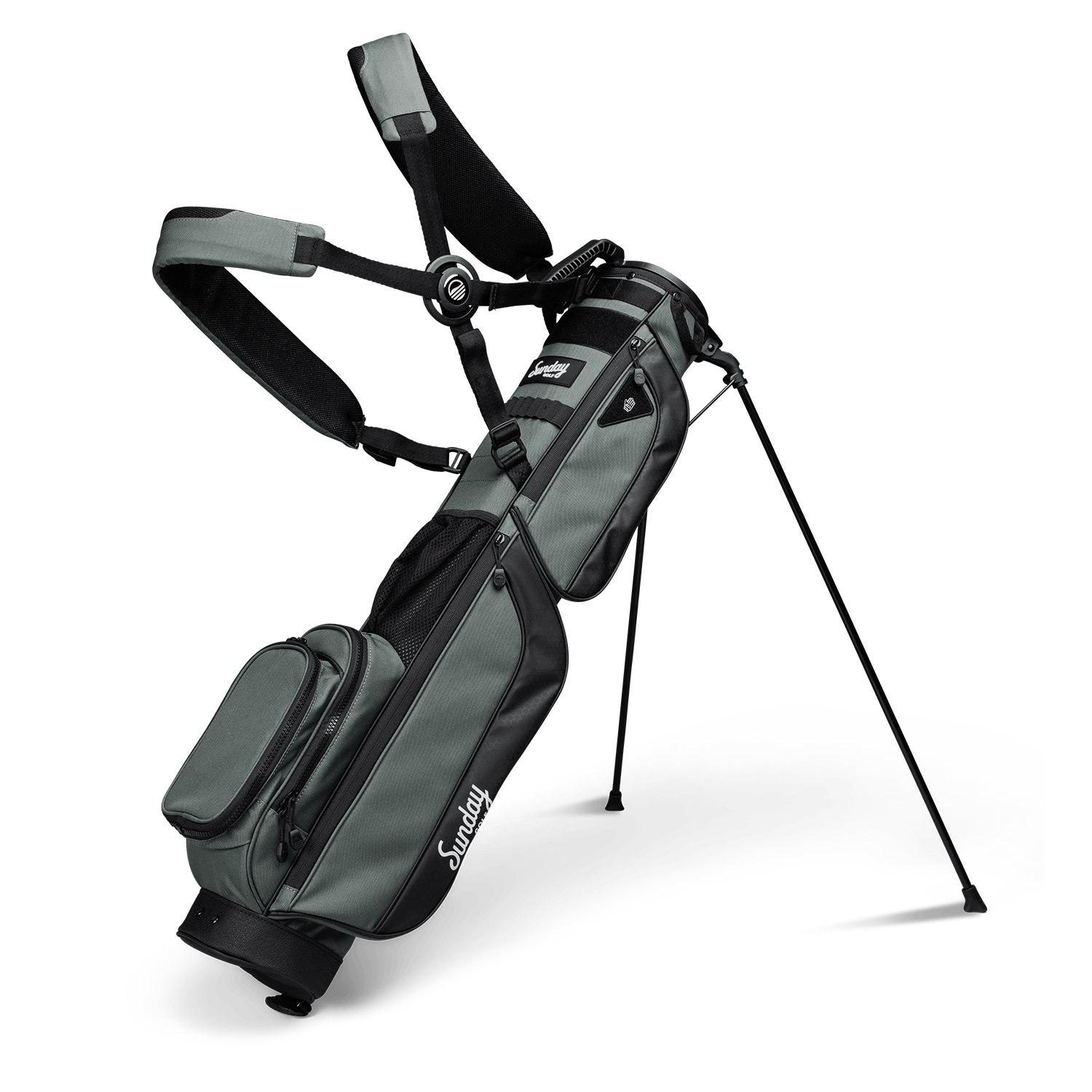 A full front shot of standing Loma XL golf bag in midnight green with double strap