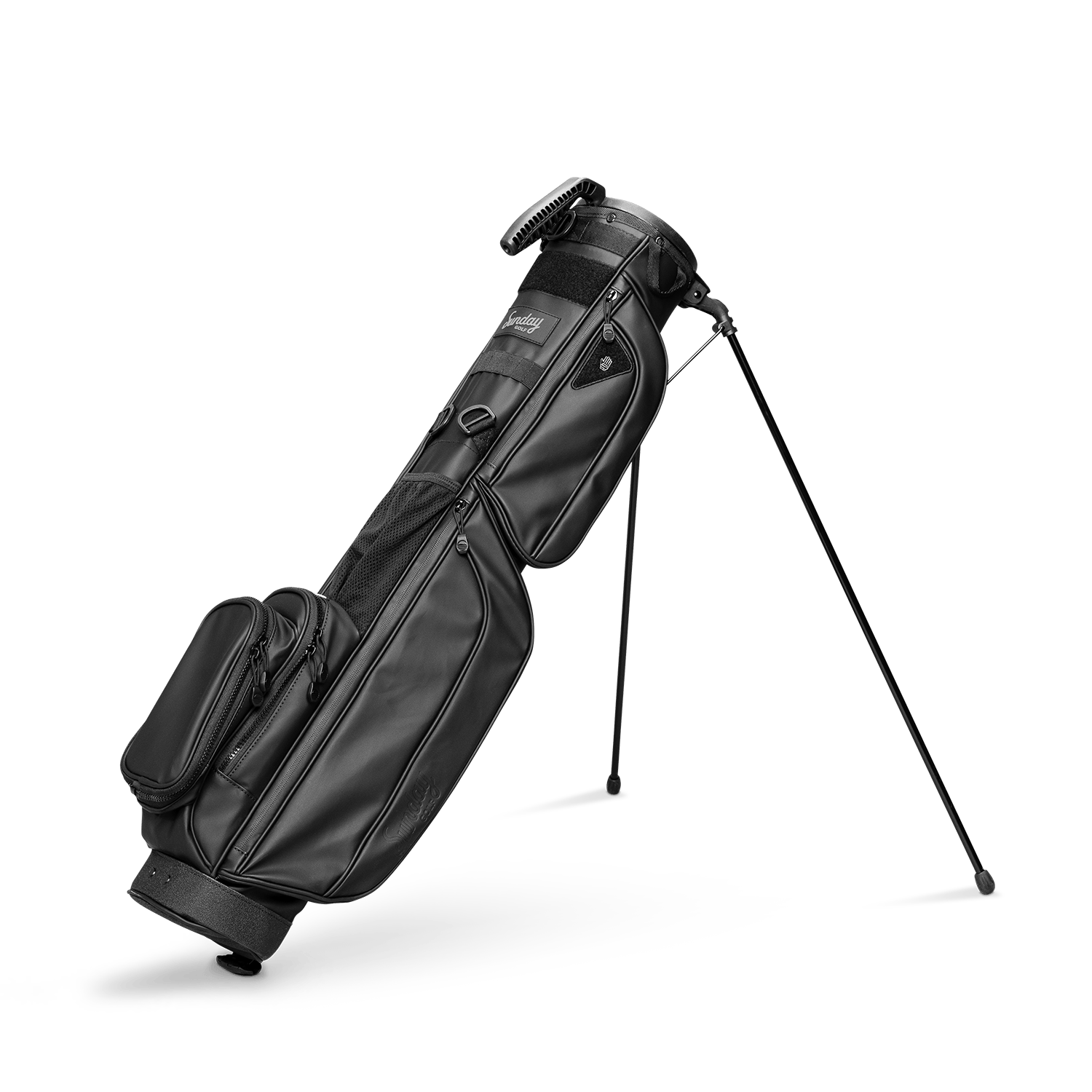 A full shot of standing Loma XL S-Class golf bag in black vegan leather facing the front