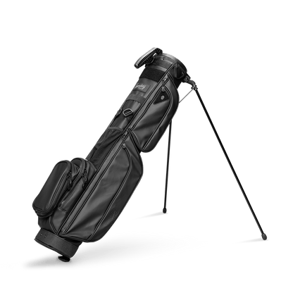 A full shot of standing Loma XL S-Class golf bag in black vegan leather facing the front