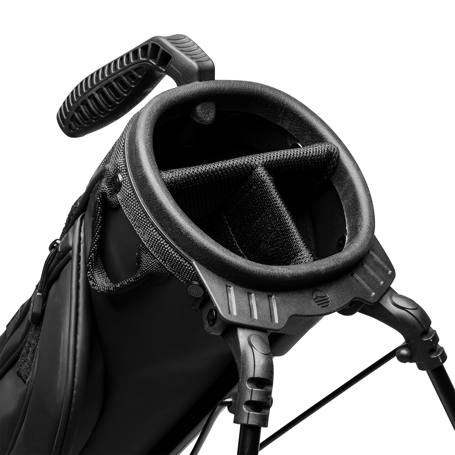 A close up top view of a black vegan leather Loma XL S-Class golf bag's 3-way divider