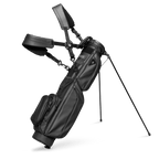 A full front shot of standing Loma S-Class golf bag in black vegan leather with double strap