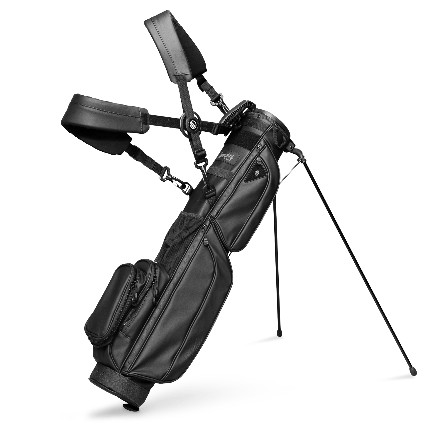 A full front shot of standing Loma S-Class golf bag in black vegan leather with double strap