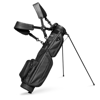 A full front shot of standing Loma S-Class golf bag in black vegan leather with double strap