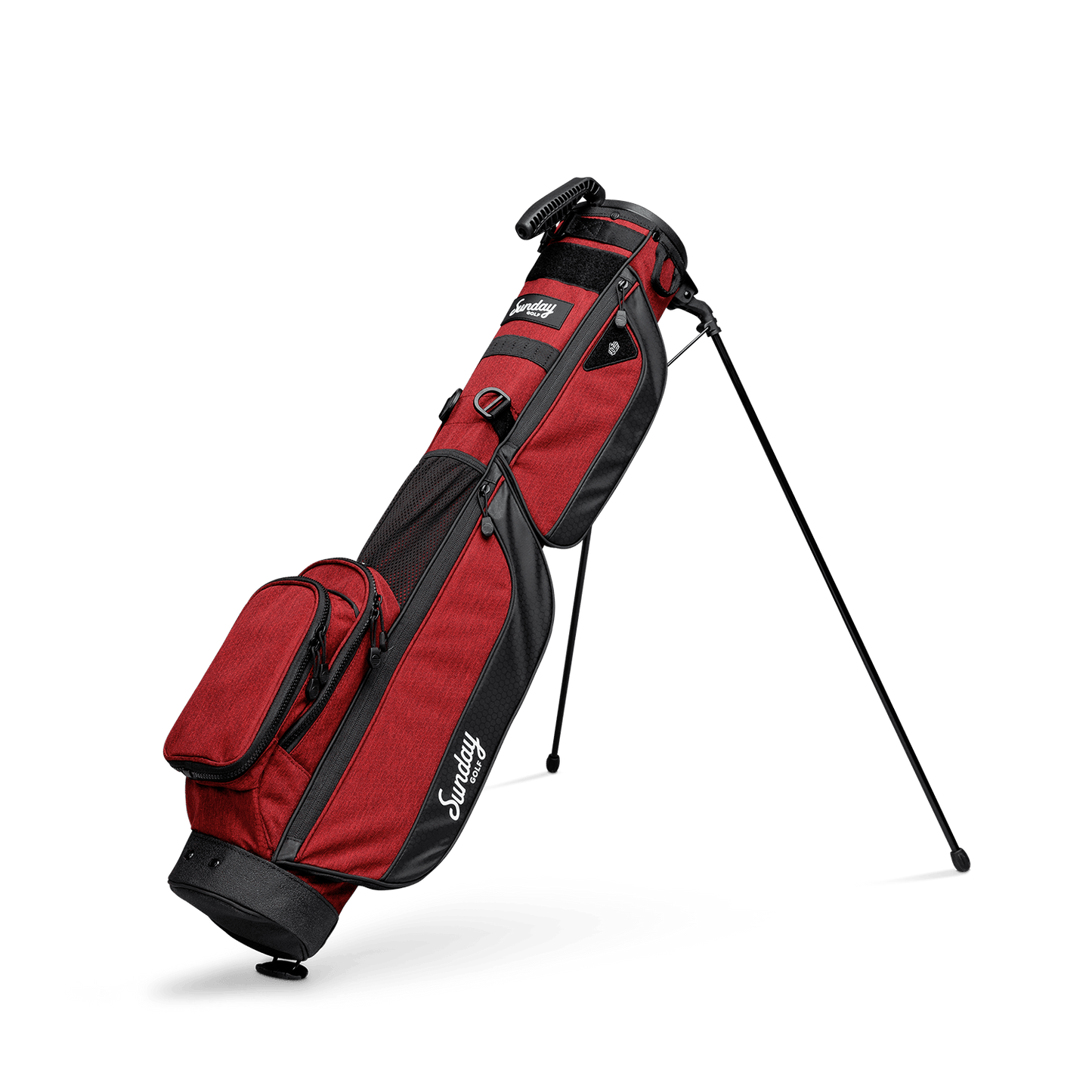 A full shot of standing Loma XL golf bag in deep red burgundy facing to the front