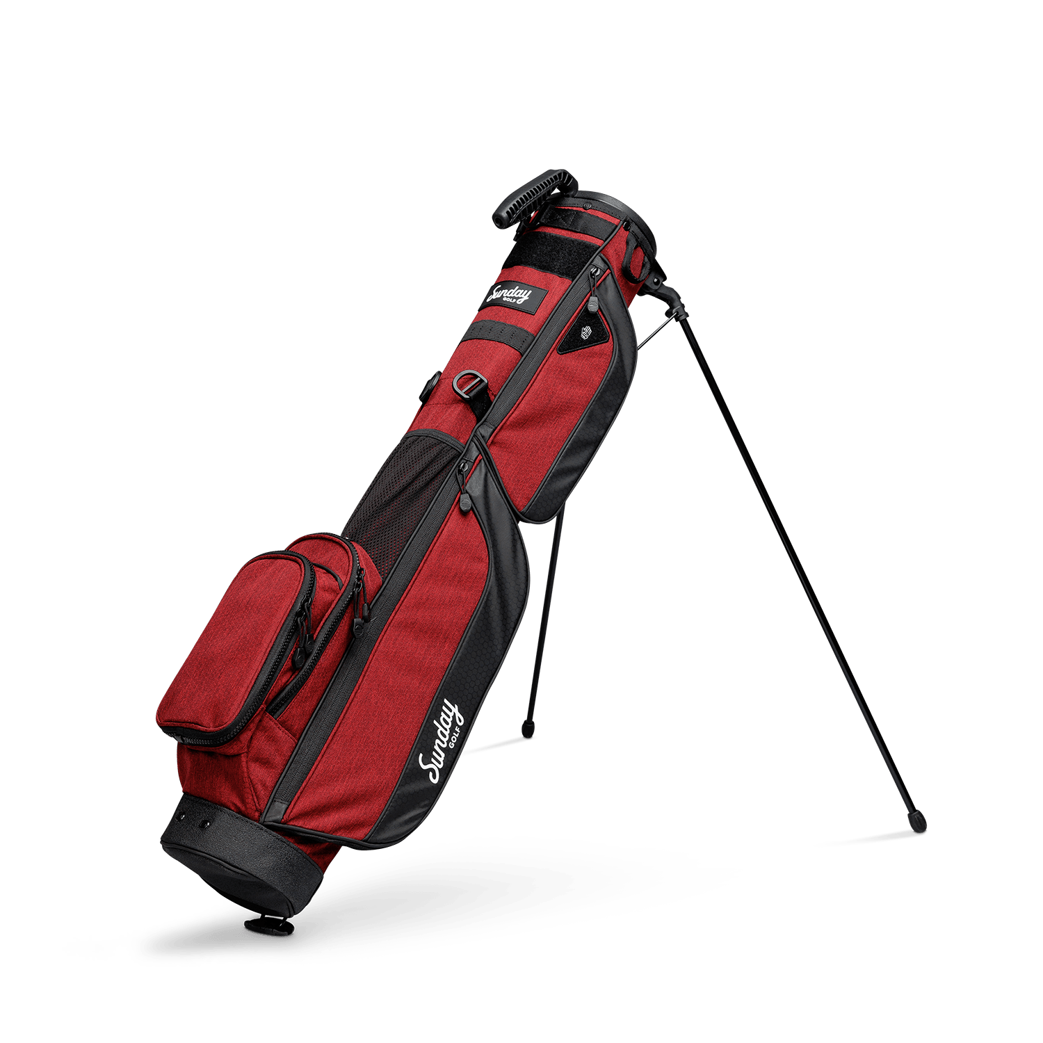 A full shot of standing Loma XL golf bag in deep red burgundy facing to the front