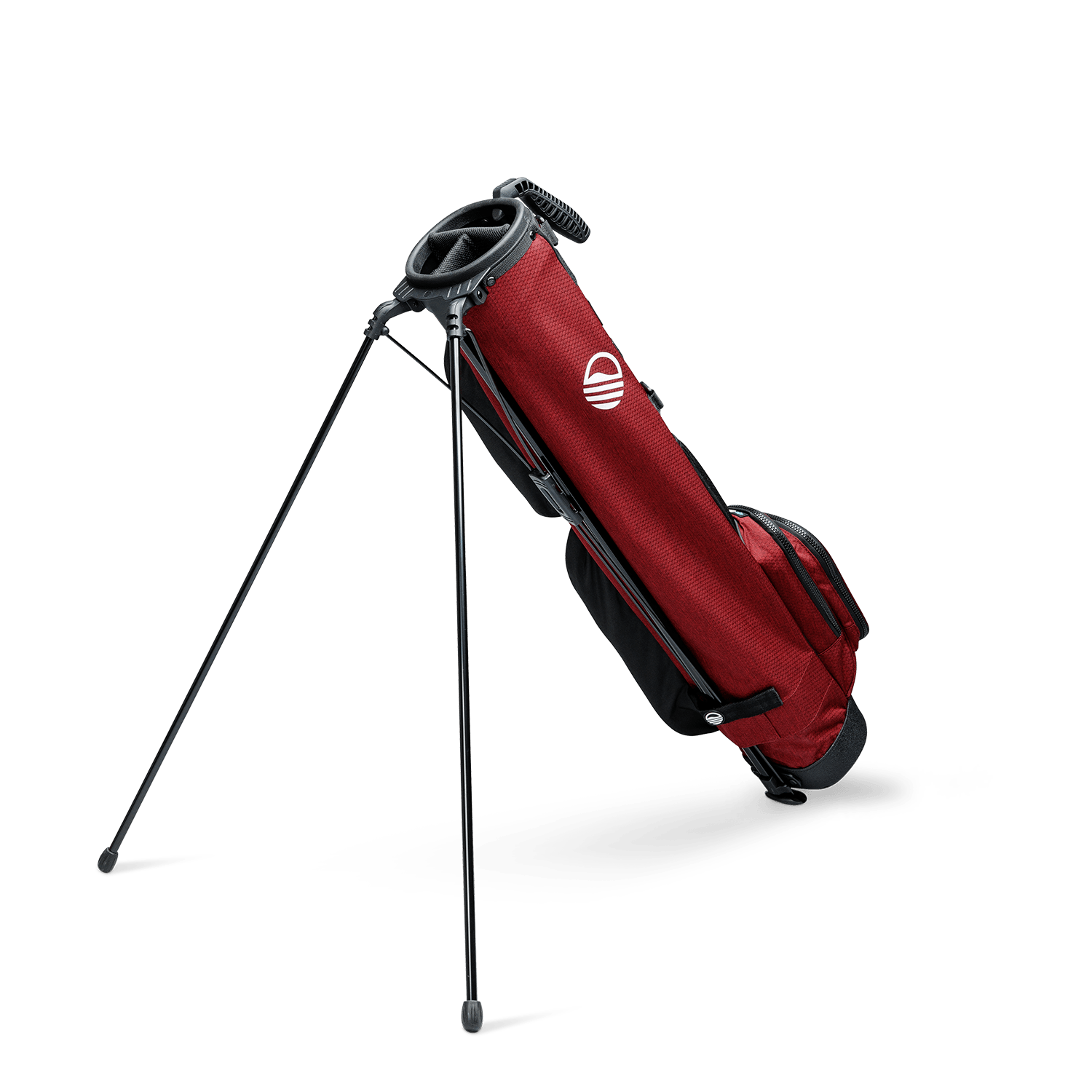 A full shot of standing Loma XL golf bag in deep red burgundy facing backward