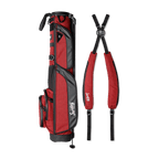 A full shot of Loma XL golf bag in deep red burgundy laying flat sideways beside its double strap