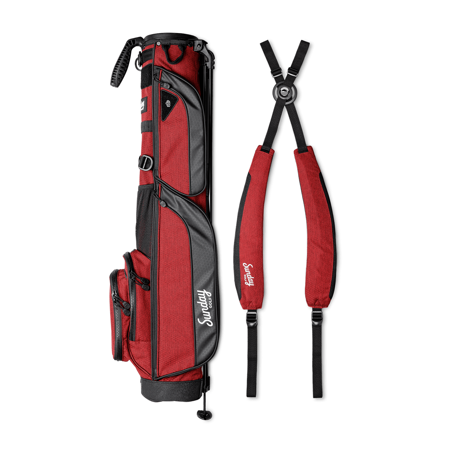 A full shot of Loma XL golf bag in deep red burgundy laying flat sideways beside its double strap