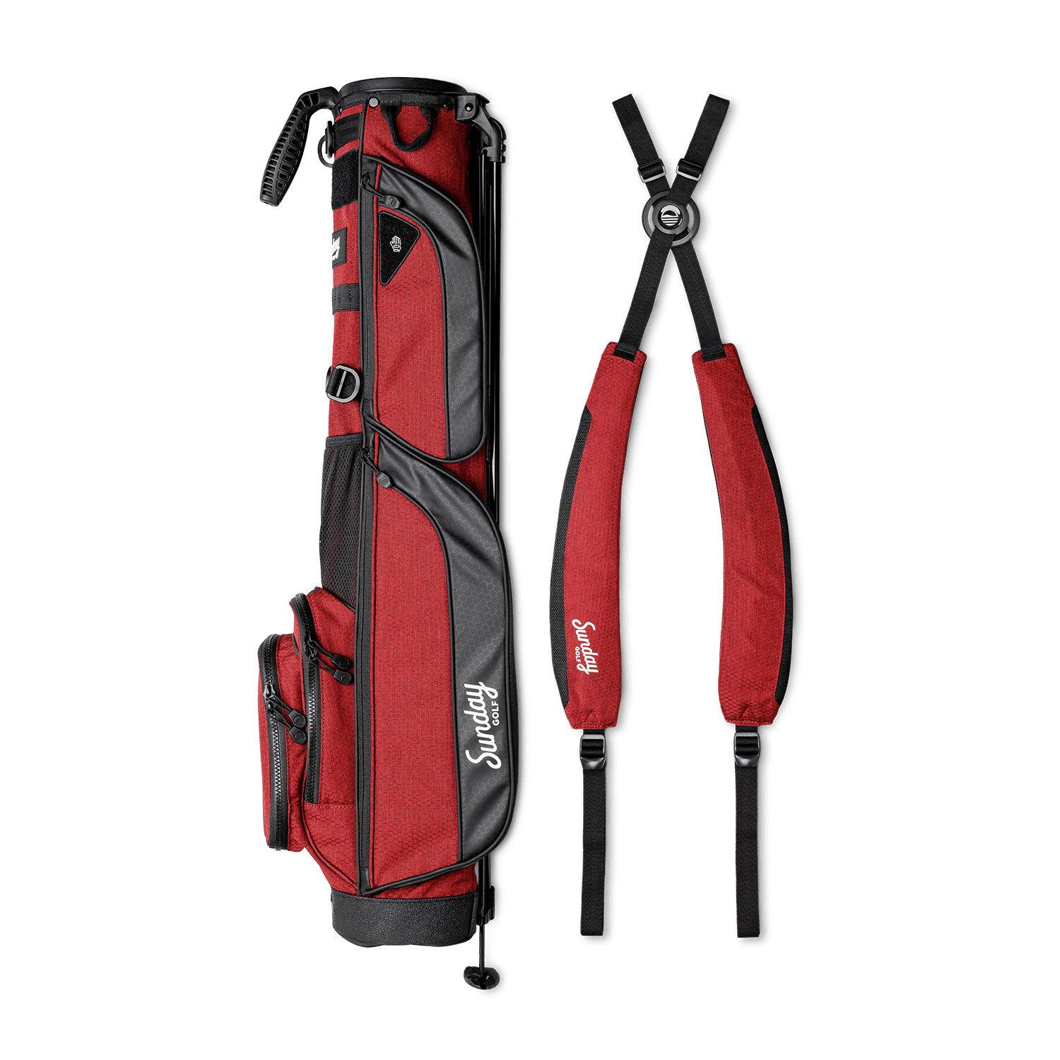 A full shot of Loma XL golf bag in deep red burgundy laying flat sideways beside its double strap