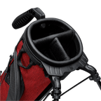 A close up top view of a deep red burgundy Loma XL golf bag's 3-way divider