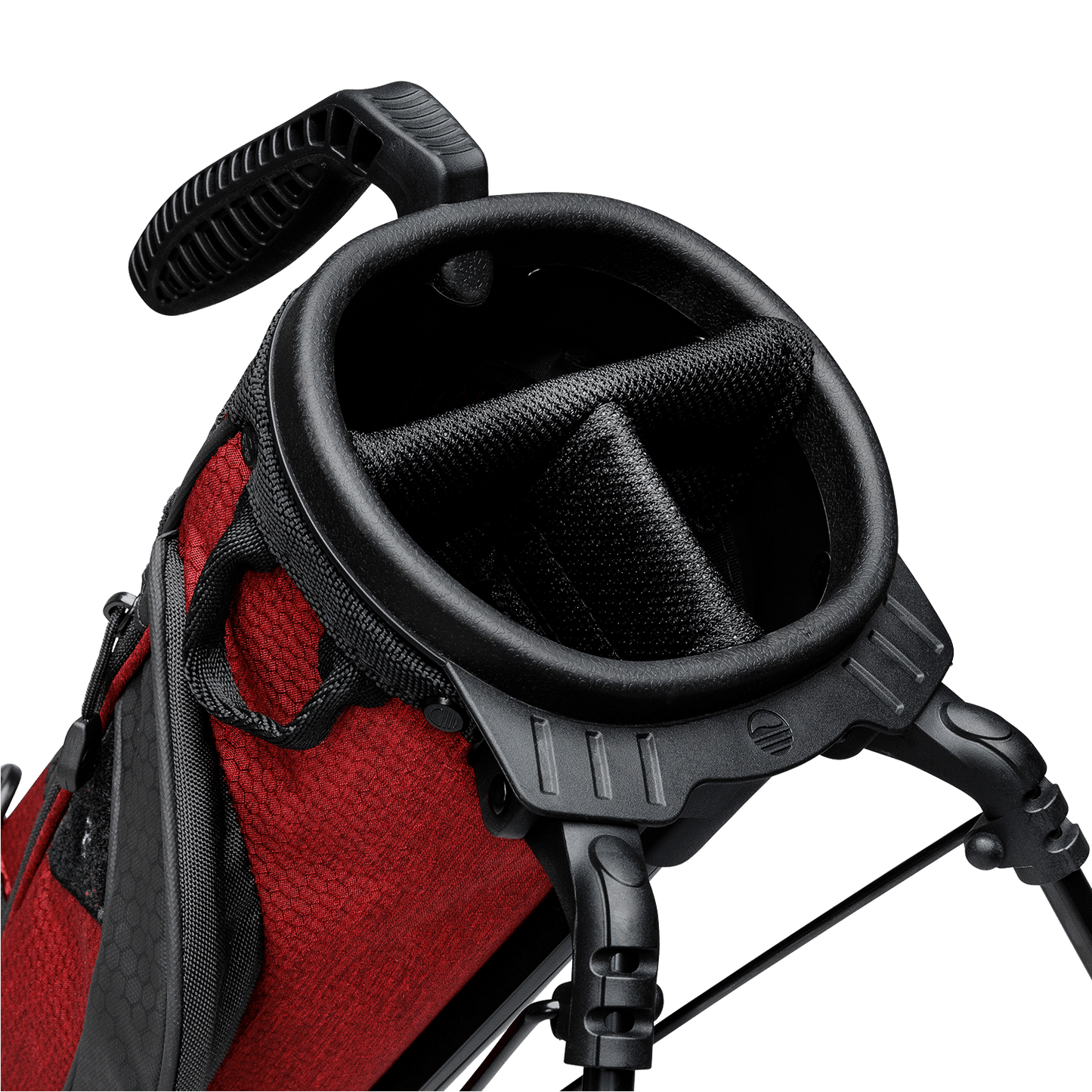 A close up top view of a deep red burgundy Loma XL golf bag's 3-way divider