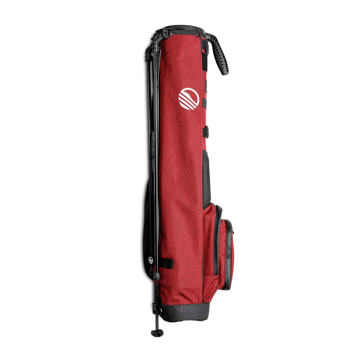 Side view of the hip panel on Loma XL golf bag in deep red burgundy