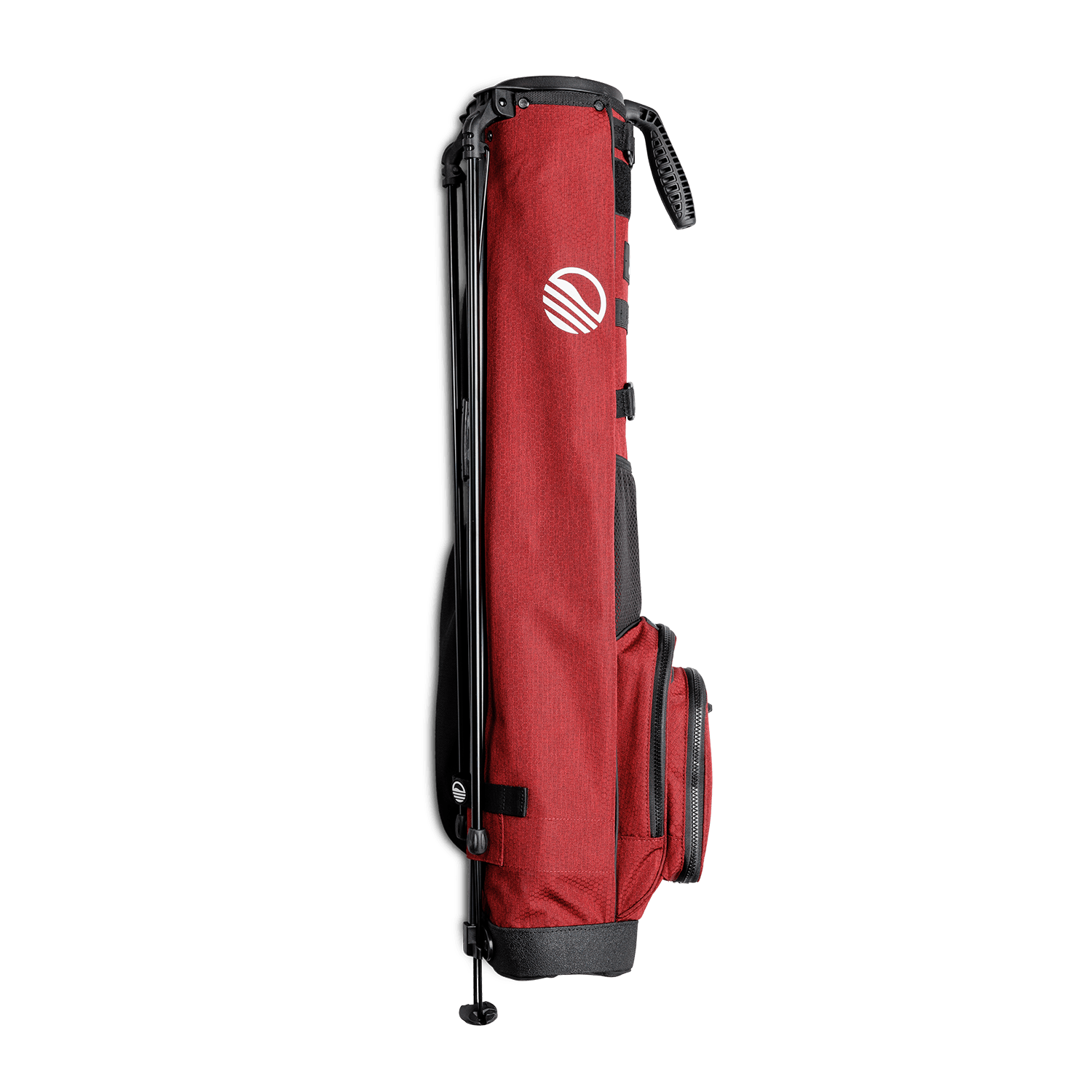 Side view of the hip panel on Loma XL golf bag in deep red burgundy