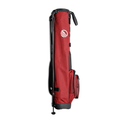 Side view of the hip panel on Loma XL golf bag in deep red burgundy