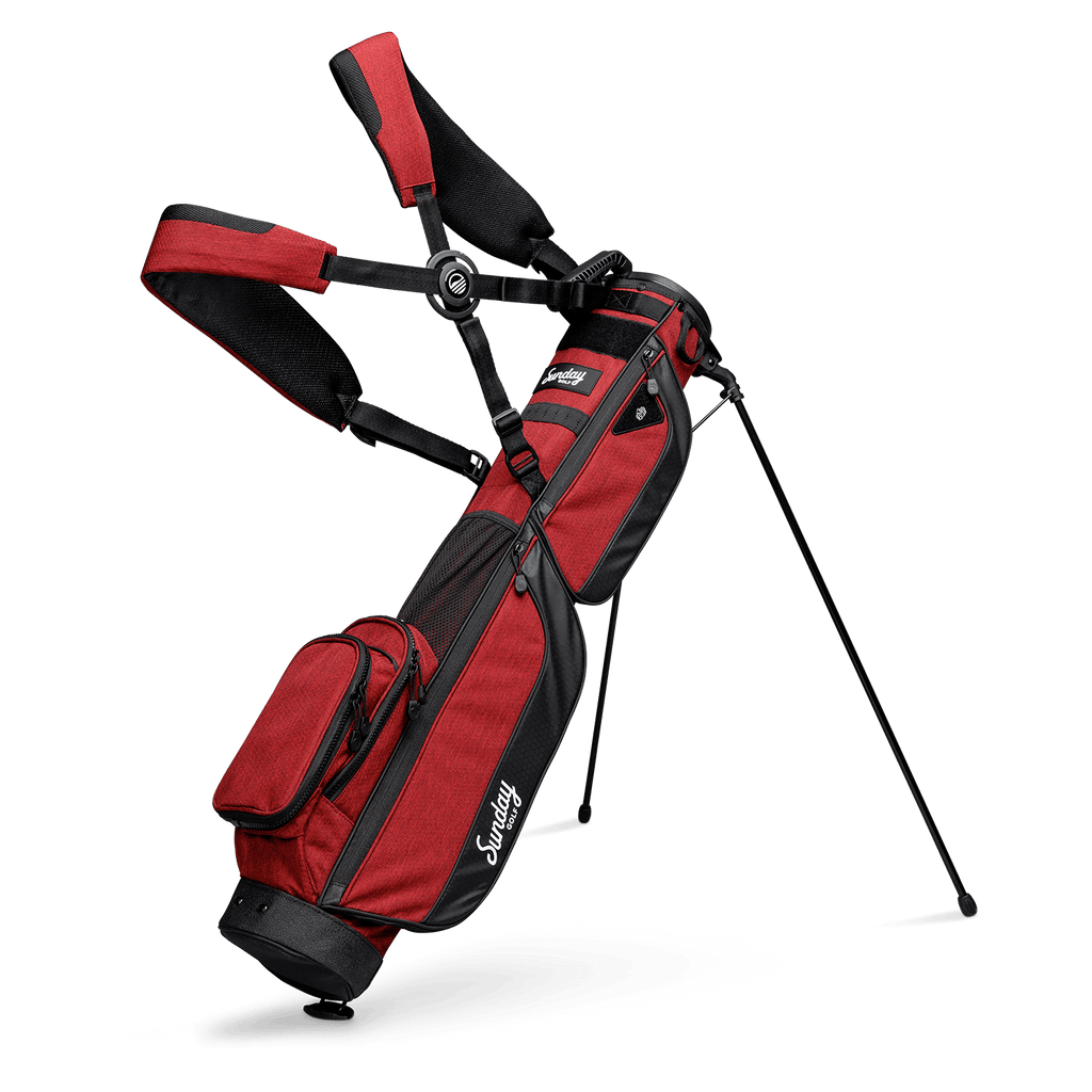 A full front shot of standing Loma XL golf bag in deep red burgundy with double strap