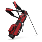 A full front shot of standing Loma XL golf bag in deep red burgundy with double strap