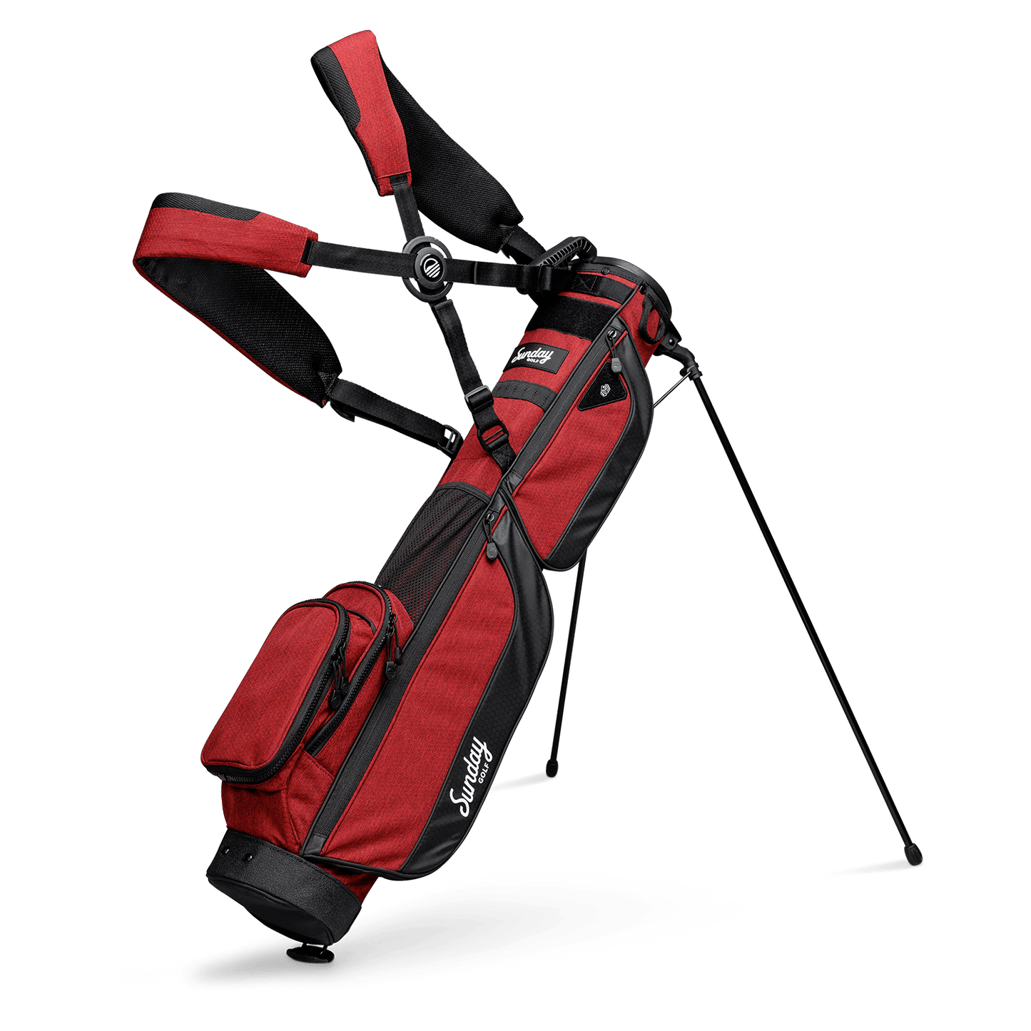 A full front shot of standing Loma XL golf bag in deep red burgundy with double strap