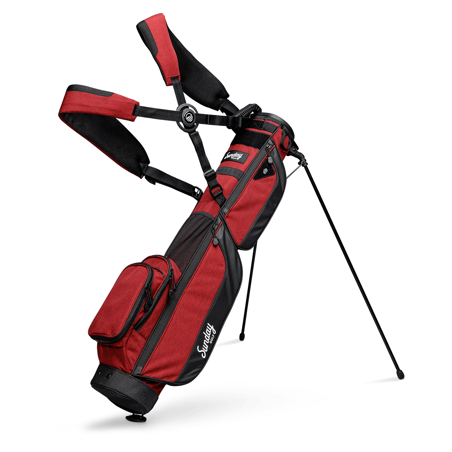 A full front shot of standing Loma XL golf bag in deep red burgundy with double strap