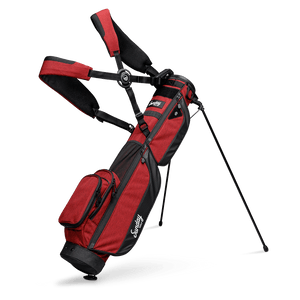 A full front shot of standing Loma XL golf bag in deep red burgundy with double strap