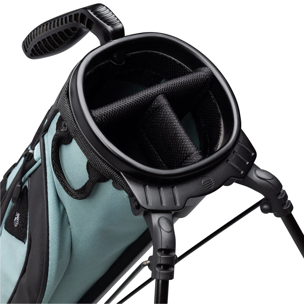 A close up top view of a seafoam green Loma XL golf bag's 3-way divider