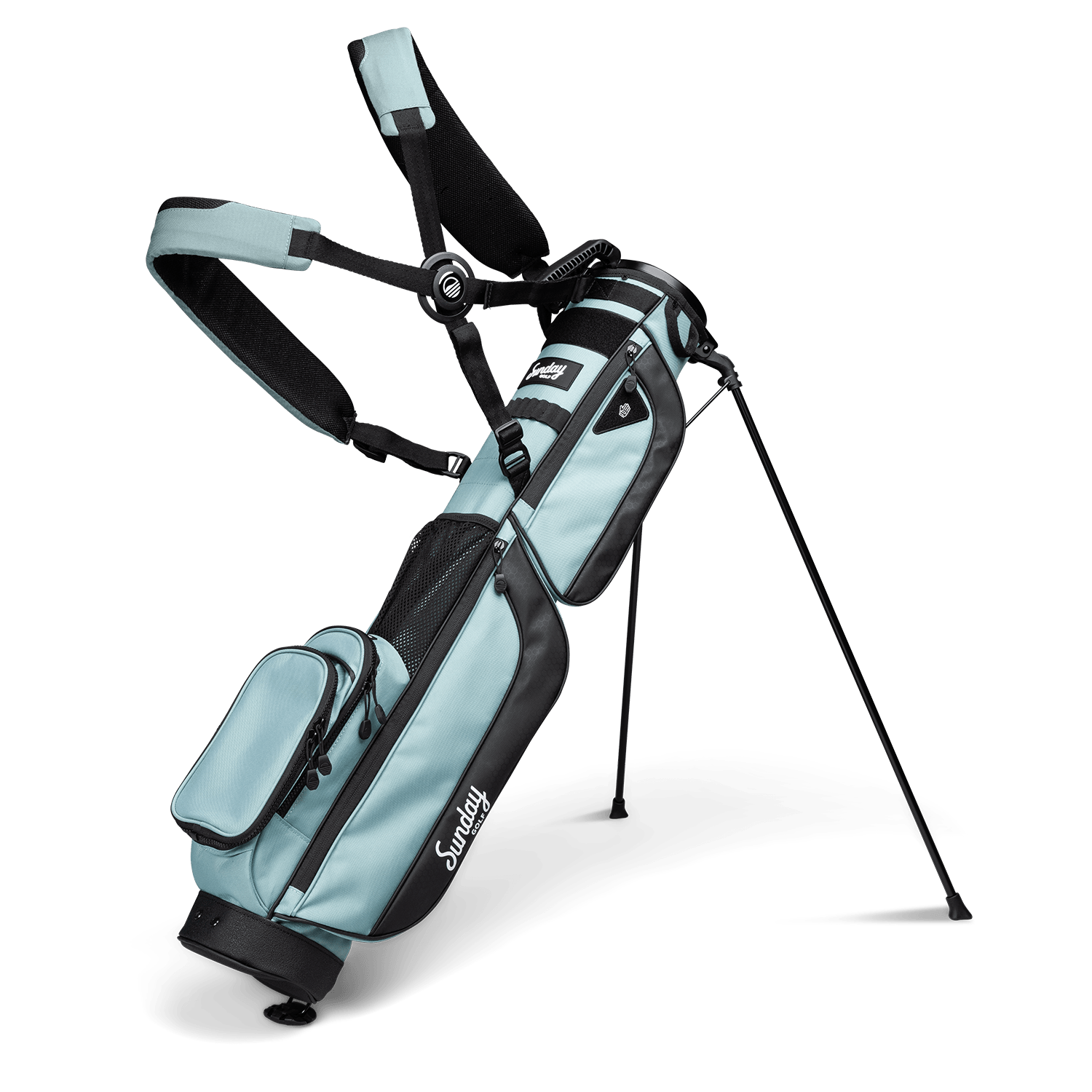 A full front shot of standing Loma XL golf bag in seafoam green with double strap