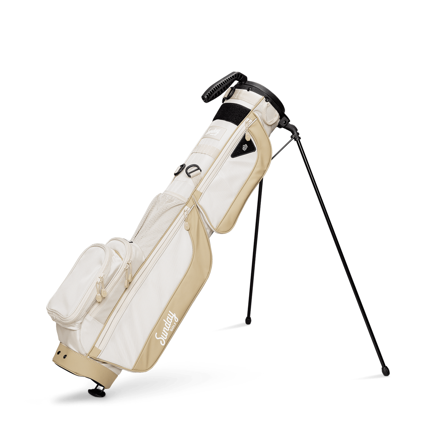A full shot of standing Loma XL golf bag in toasted almond facing the front
