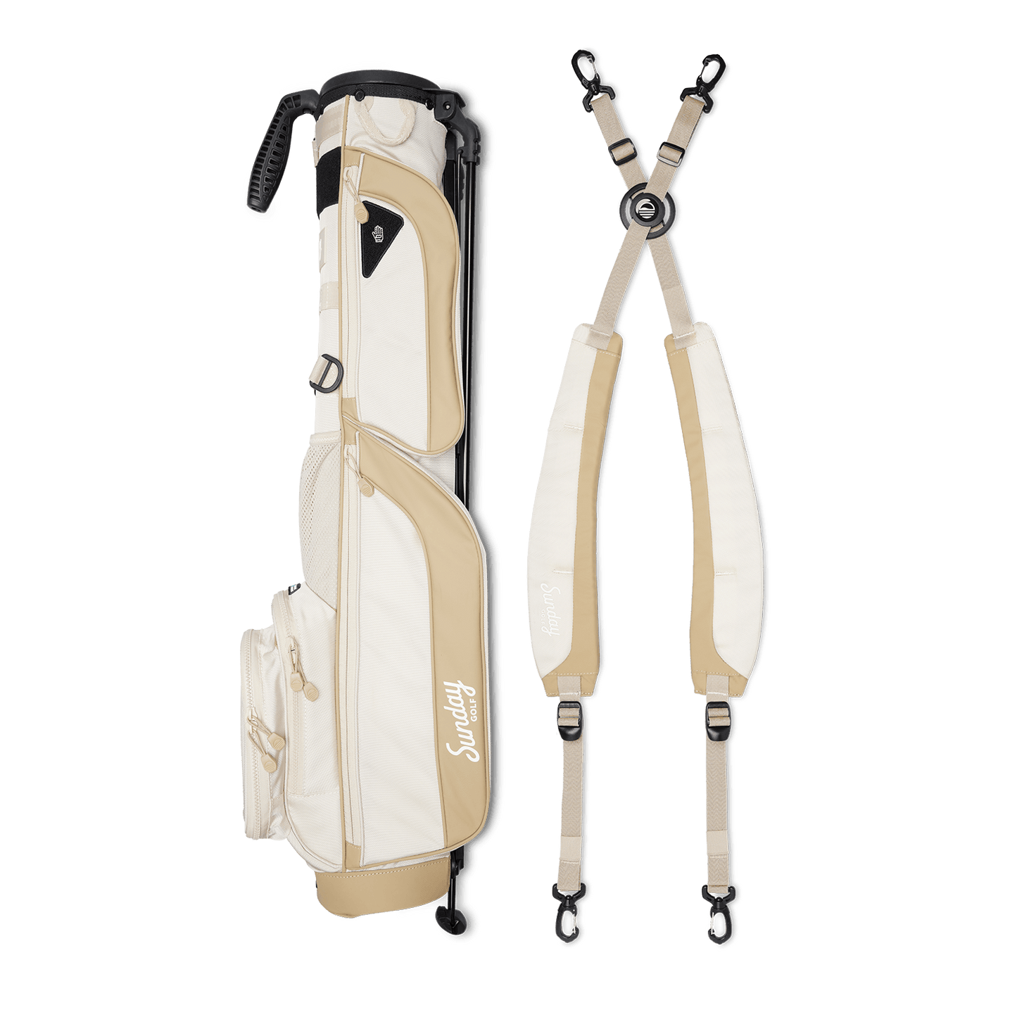 A full shot of Loma XL golf bag in toasted almond laying flat sideways beside its double strap