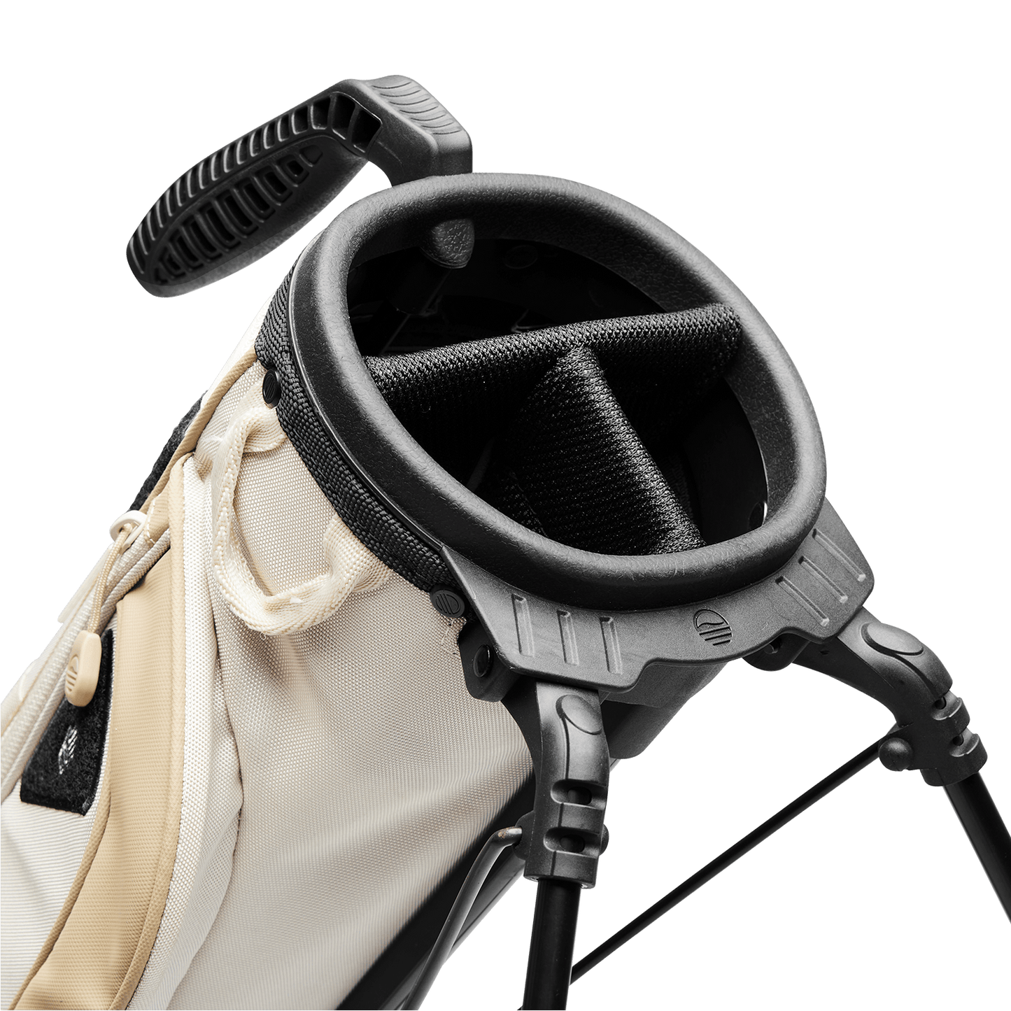 A close up top view of a toasted almond Loma XL golf bag's 3-way divider