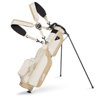 A full front shot of standing Loma XL golf bag in toasted almond with double strap