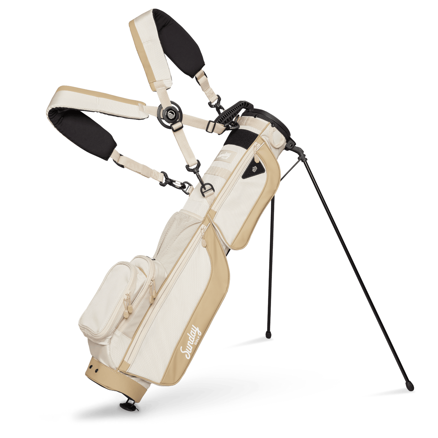 A full front shot of standing Loma XL golf bag in toasted almond with double strap